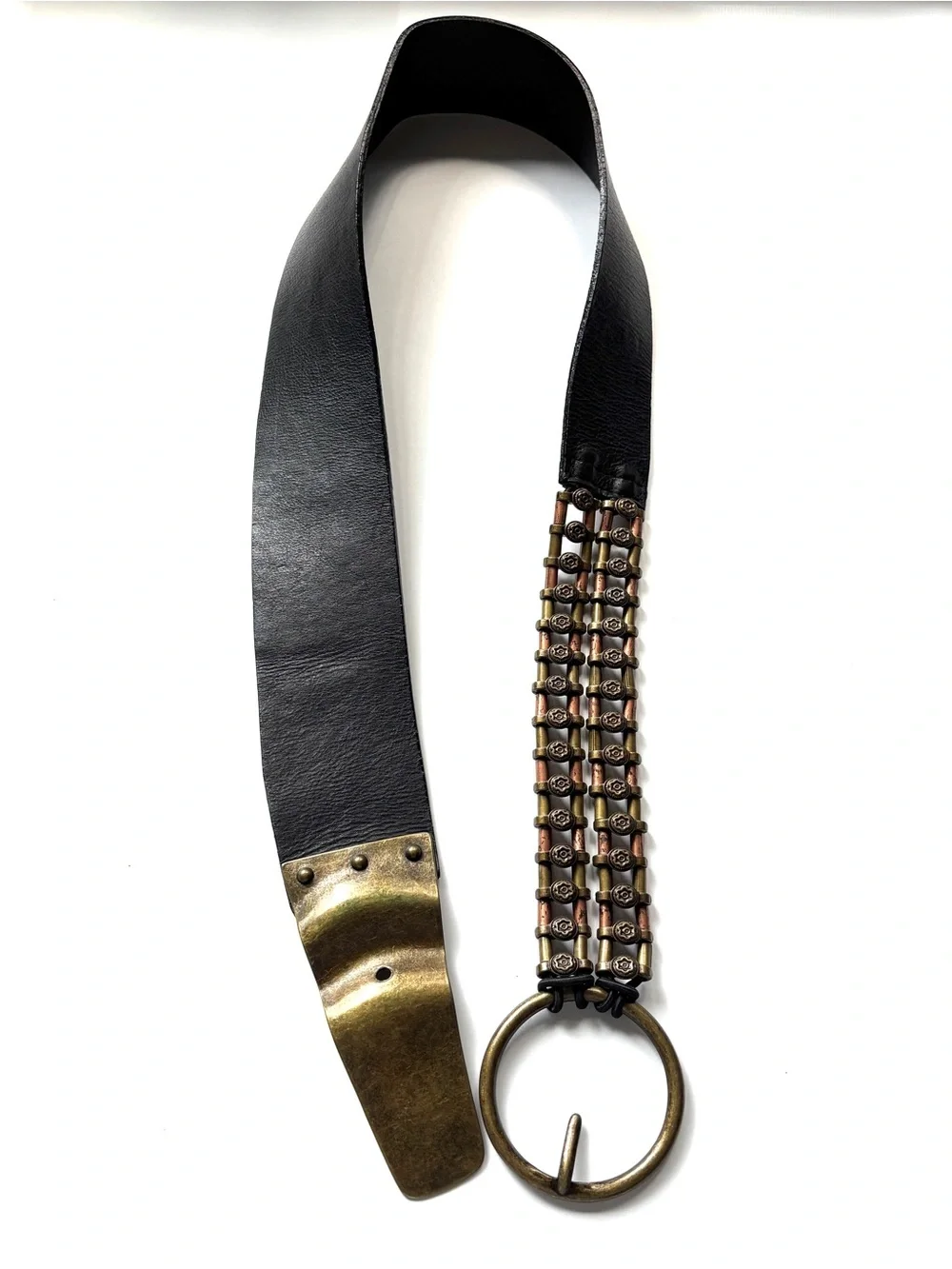 Black Leather Belt w/ Brass Gold Copper Metal Chain Hardware M-L Chicos vintage